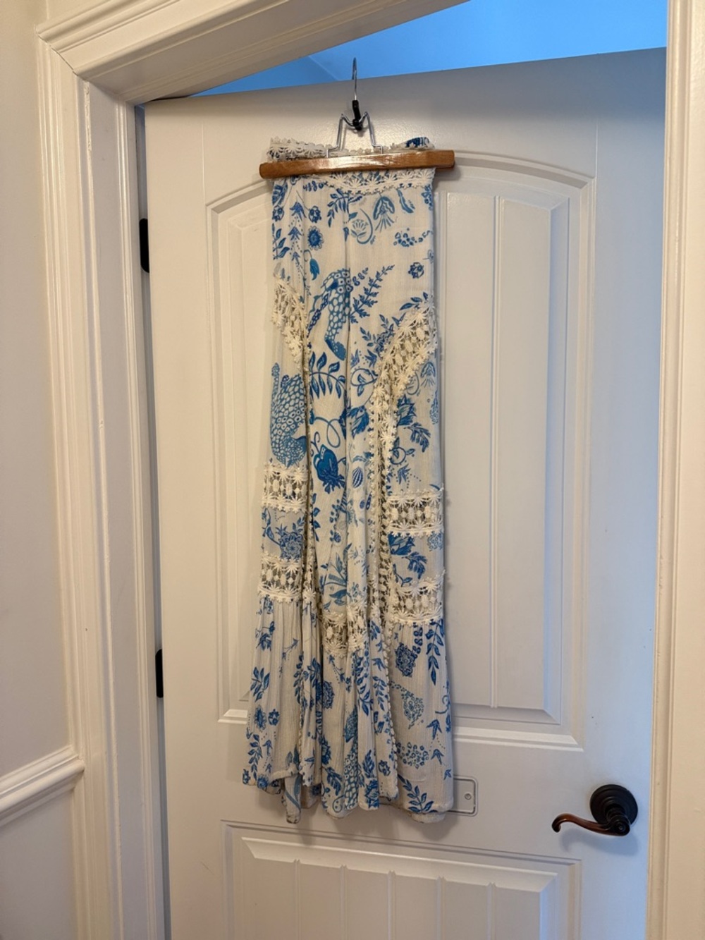 ZNL Europe, Blue and White Floral floaty, beach pants with Lace Insets